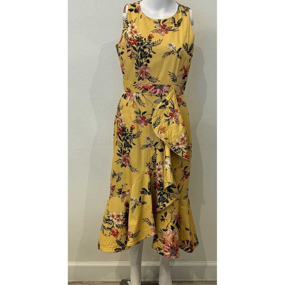 Antonio Melani Floral Asymmetrical Ruffle Midi Dress Sz 8 Yellow Romantic Garden